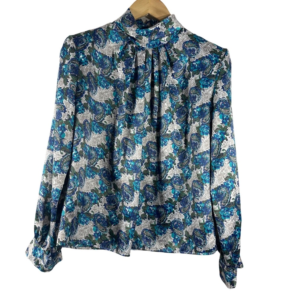 Illustrations Vintage Womens Teal Blue Paisley Floral High Neck Blouse SZ 6 USA